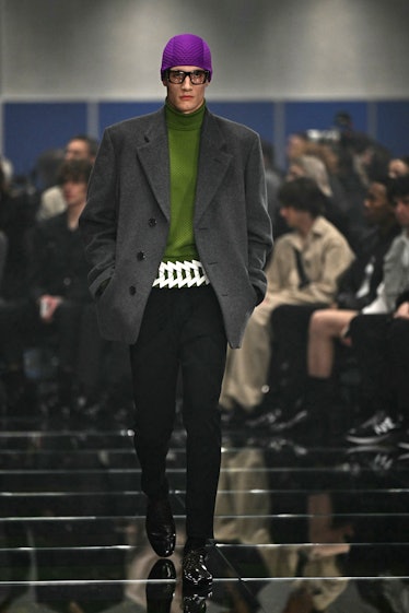 A model walks the runway at the Prada collection show during the Milan Fashion Week Menswear Autumn/...