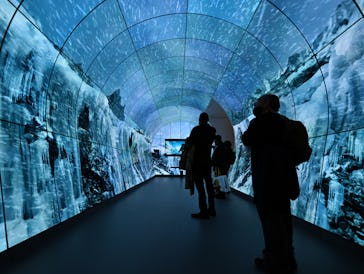 LAS VEGAS, NEVADA - JANUARY 10: Visitors get experience into the LG's immersive screen tunnel at CES...