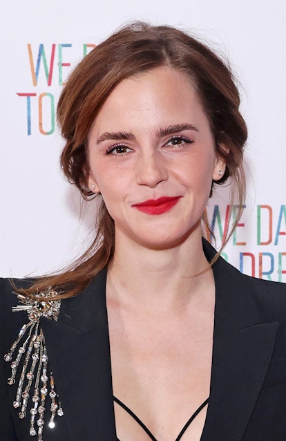 Emma Watson fluffy brows and red lipstick 2023