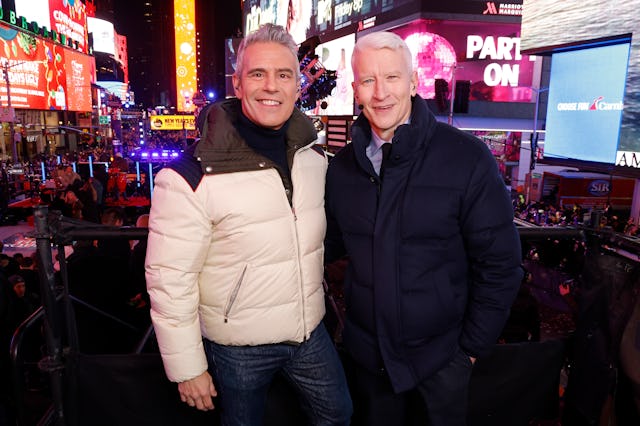 Andy Cohen and Anderson Cooper host their CNN show during New Year's Eve in Times Square on December...
