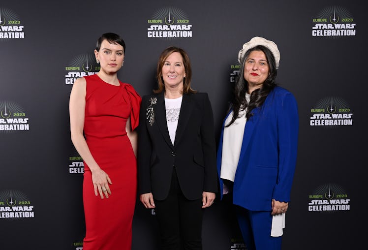 LONDON, ENGLAND - APRIL 07: (L-R) Daisy Ridley, Kathleen Kennedy and Sharmeen Obaid-Chinoy attend th...
