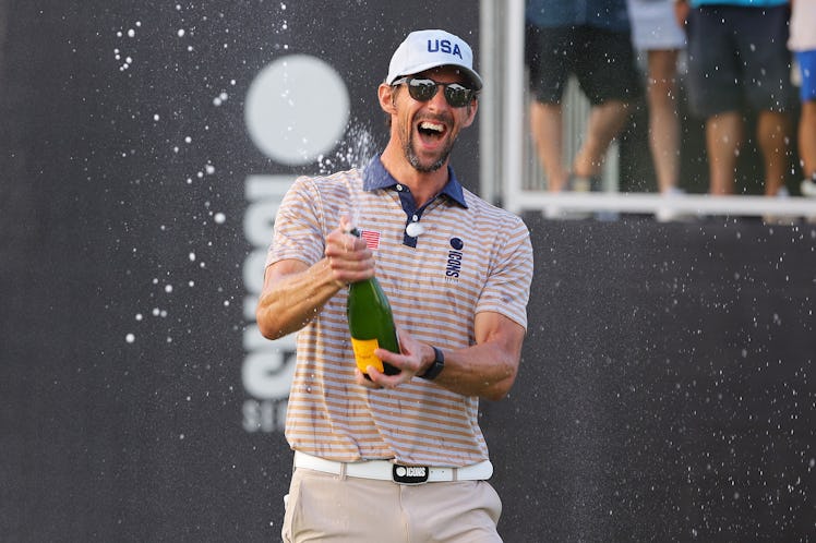 JERSEY CITY, NEW JERSEY - JULY 01: Michael Phelps celebrates after Team USA wins the  2022 ICON Seri...