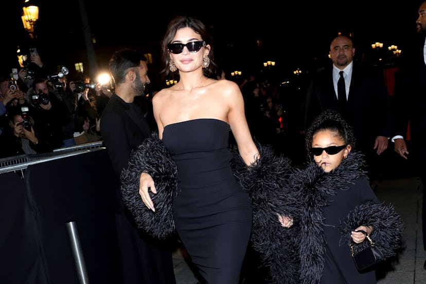 Kylie Jenner and Stormi Webster attend the Valentino Haute Couture Spring/Summer 2024 show as part o...