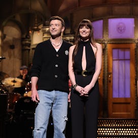 SATURDAY NIGHT LIVE -- Episode 1854 -- Pictured: (l-r) Musical guest Justin Timberlake and host Dako...
