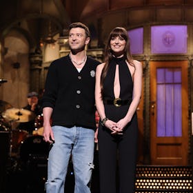 SATURDAY NIGHT LIVE -- Episode 1854 -- Pictured: (l-r) Musical guest Justin Timberlake and host Dako...
