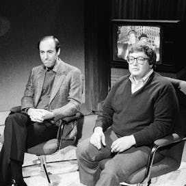 SATURDAY NIGHT LIVE -- Episode 1 -- Pictured: (l-r) Gene Siskel, Roger Ebert during the 'Review' ski...