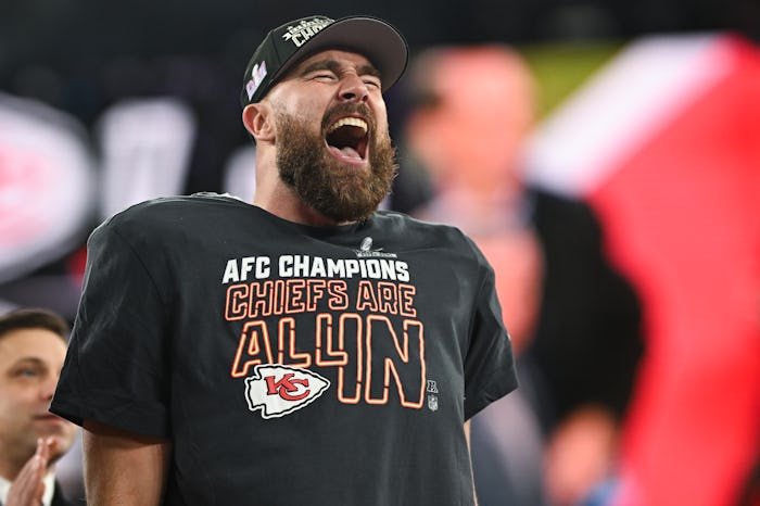 BALTIMORE, MD - JANUARY 28: Travis Kelce #87 of the Kansas City Chiefs celebrates following the AFC ...