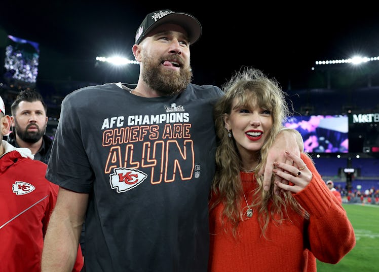 Taylor Swift celebrating Travis Kelce's AFC Championship win and going to the Super Bowl, while wear...