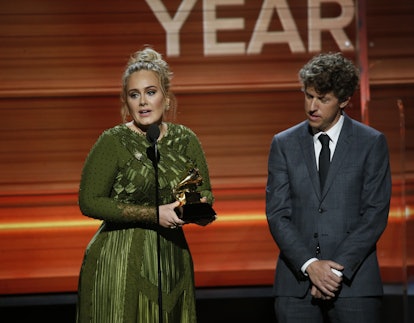 LOS ANGELES - FEBRUARY 12: Adele accepts the Grammy Award for Song of the Year during THE 59TH ANNUA...