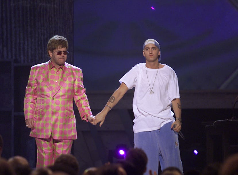 From left, Elton John and Eminem at The 43rd Annual Grammy Awards at The Staples Center, Los Angeles...