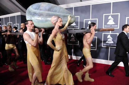An egg-like container with singer Lady Gaga inside arrives for the 53rd Annual Grammy Awards at the ...