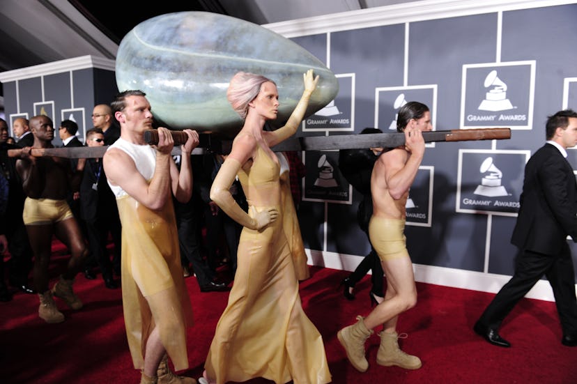 An egg-like container with singer Lady Gaga inside arrives for the 53rd Annual Grammy Awards at the ...