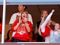 KANSAS CITY, MISSOURI - OCTOBER 22: Taylor Swift and Brittany Mahomes cheer during a game between th...