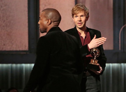 LOS ANGELES, CA - February 8, 2015 Kanye West avoids contact with an inviting Beck after Beck won Al...