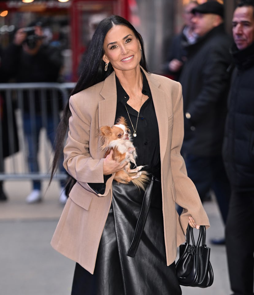Demi Moore arrives to ABC's "Good Morning America" in Times Square on January 31, 2024 in New York C...