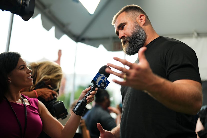 PHILADELPHIA, PA - SEPTEMBER 08: Jason Kelce is interviewed during the Kelce documentary premiere at...