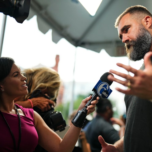 PHILADELPHIA, PA - SEPTEMBER 08: Jason Kelce is interviewed during the Kelce documentary premiere at...