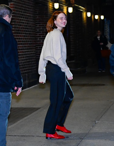 Emma Stone is seen at "The Late Show with Stephen Colbert" on January 30, 2024 in New York City.