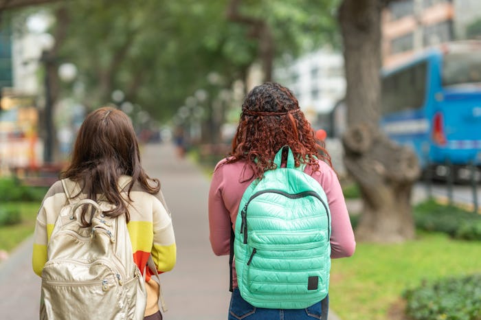 Rear view of two girls with school bags walking along the street