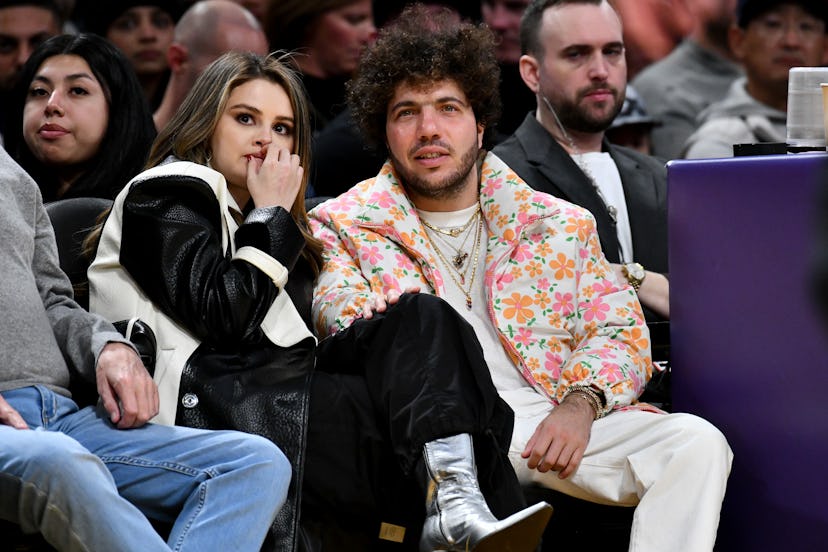 Selena Gomez and Benny Blanco attend a basketball game between the Los Angeles Lakers and the Miami …