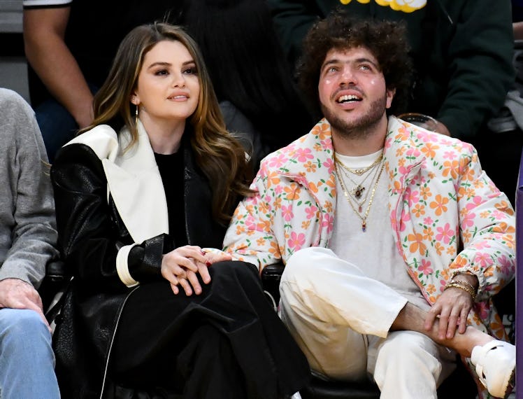 Selena Gomez and Benny Blanco attend a basketball game between the Los Angeles Lakers and the Miami ...