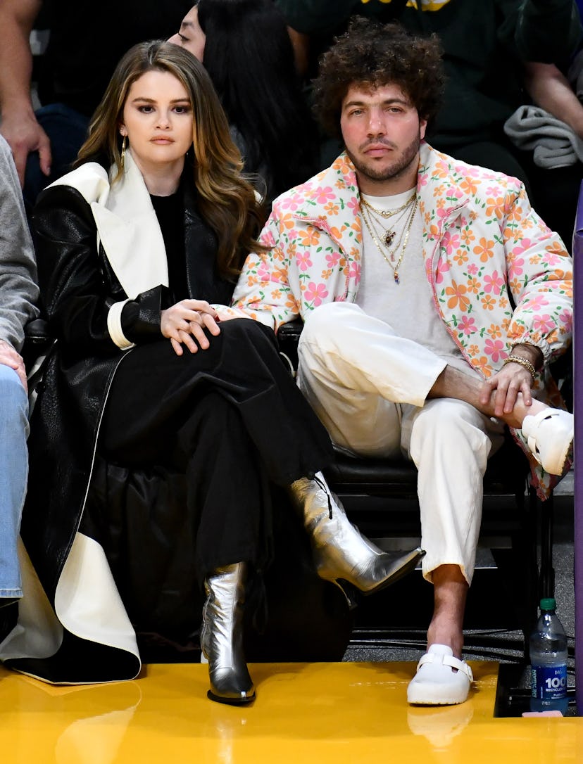 Selena Gomez and Benny Blanco attend a basketball game between the Los Angeles Lakers and the Miami …