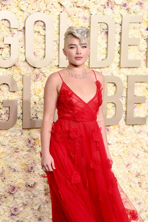 Florence Pugh wore a red gown to the 2024 Golden Globes.