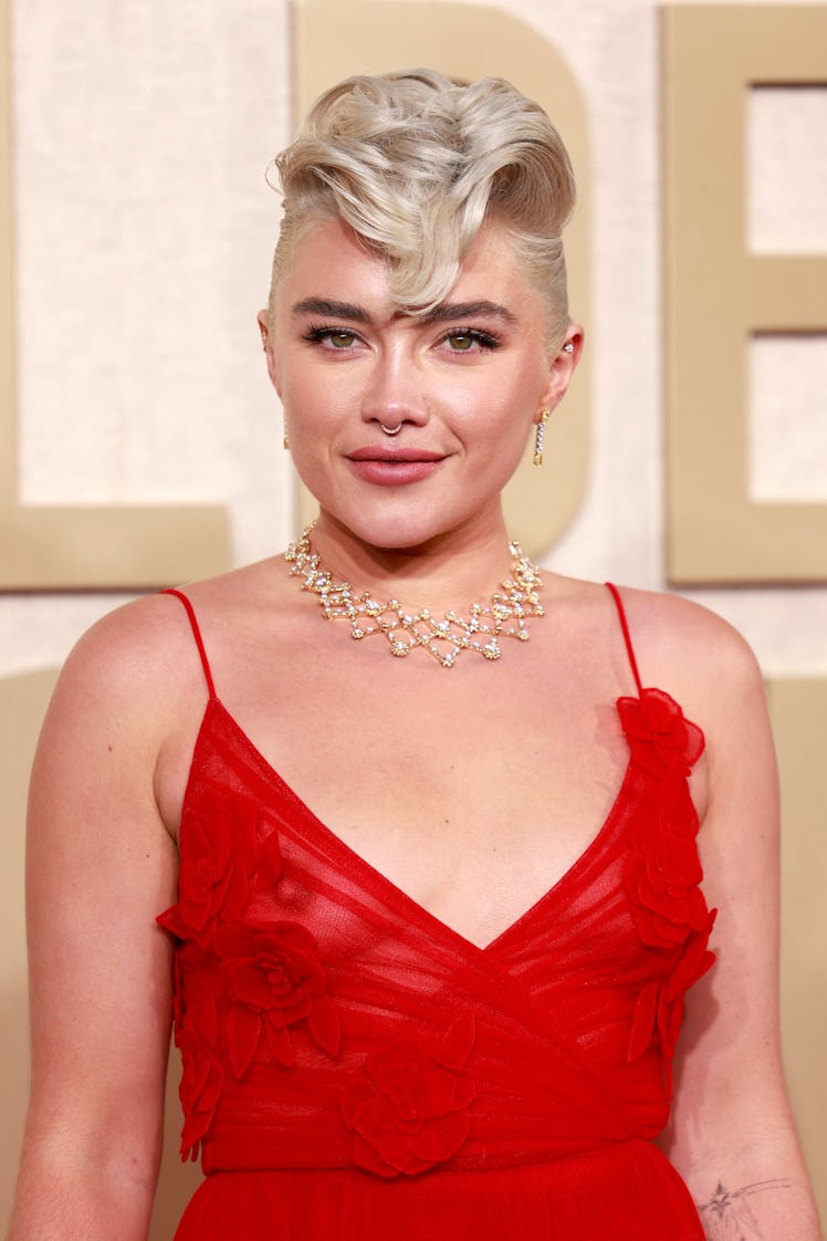 British actress Florence Pugh arrives for the 81st annual Golden Globe Awards at The Beverly Hilton ...