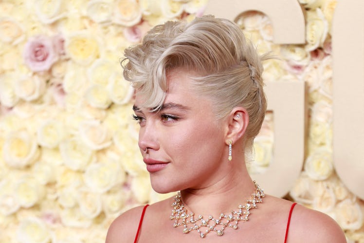 British actress Florence Pugh arrives for the 81st annual Golden Globe Awards at The Beverly Hilton ...