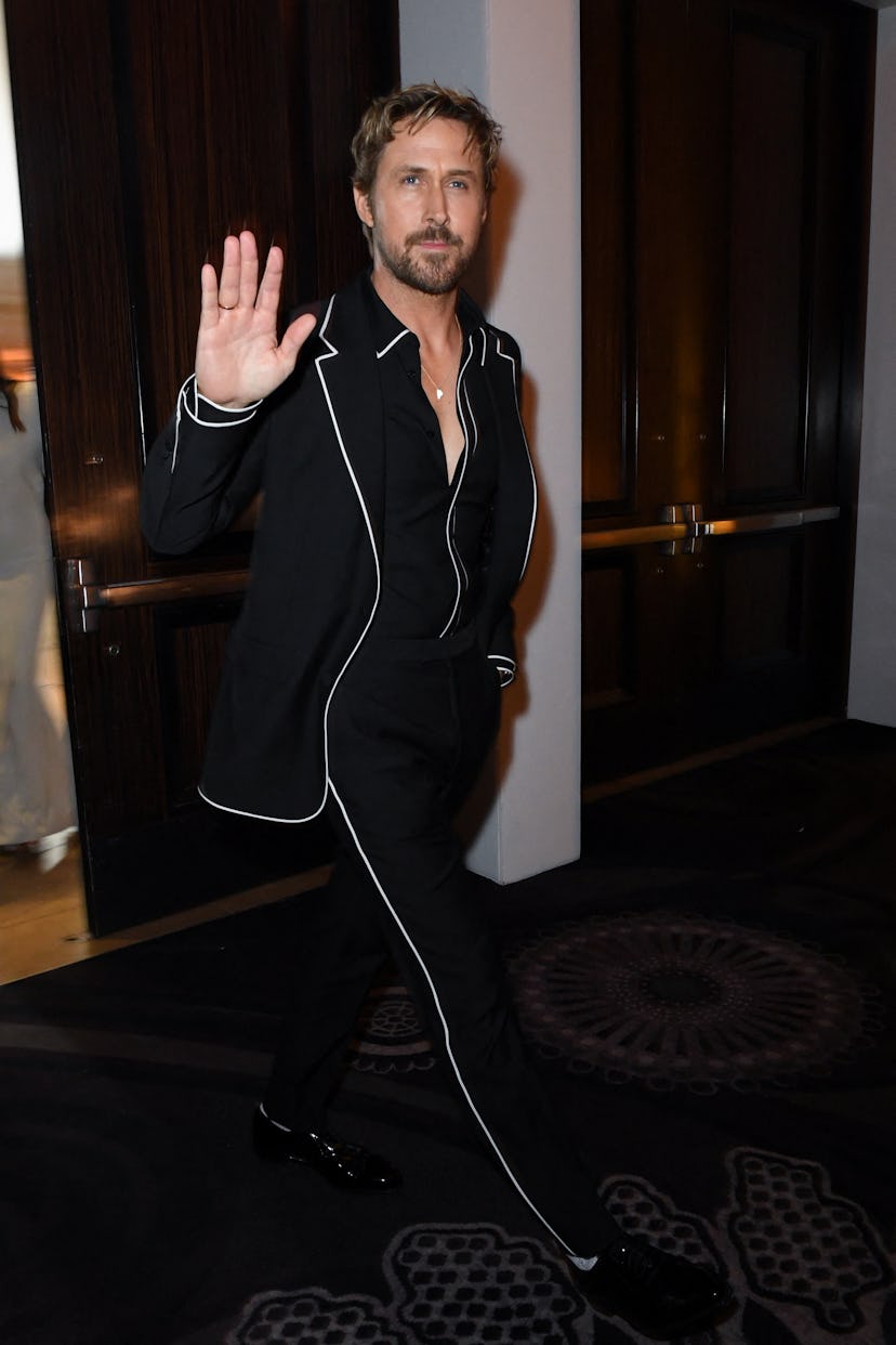 Canadian actor Ryan Gosling poses at the Ballroom entrance of the 81st annual Golden Globe Awards at...