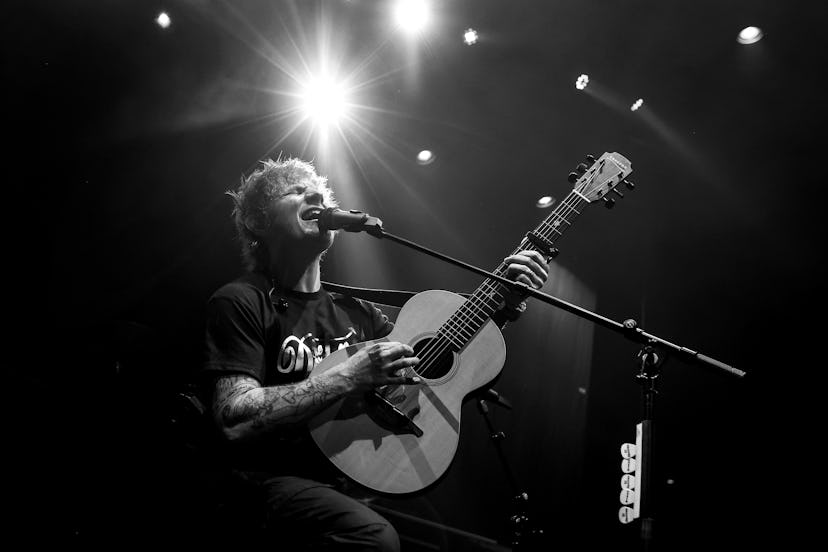LONDON, ENGLAND - DECEMBER 09: (EDITORS NOTE: Image has been converted to black and white) Ed Sheera...