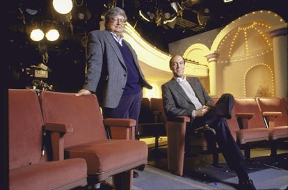 Roger Ebert (L) and Gene Siskel on the set of TV show Siskel and Ebert at the Movies.    (Photo by M...