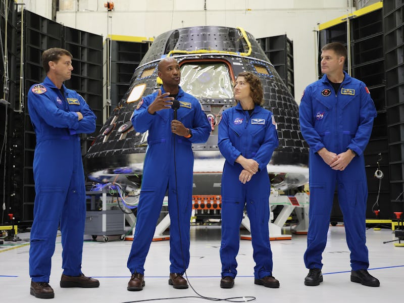 From left to right: Artemis II Astronauts: Commander Reid Wiseman; Pilot Victor Glover; and Mission ...
