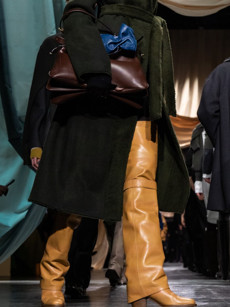MILAN, ITALY - FEBRUARY 21: A model, shoe detail, walks the runway at the Fendi fashion show during ...