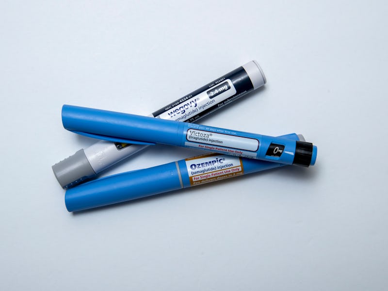 Still life of the big three injectable prescription weight loss medicines. Ozempic, Victoza and Wego...