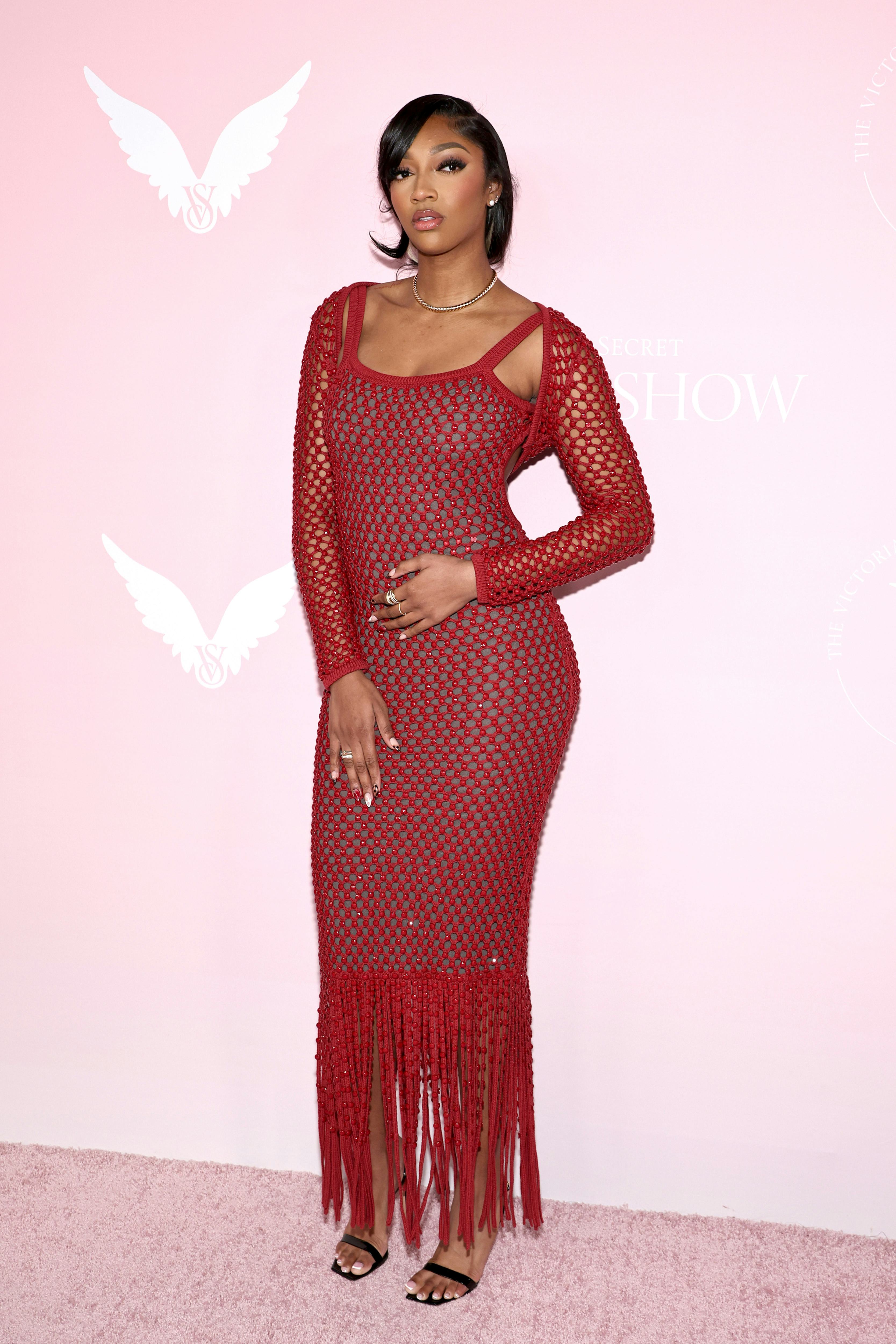 Angel Reese wore a mesh dress to the Victoria&rsquo;s Secret Fashion Show.