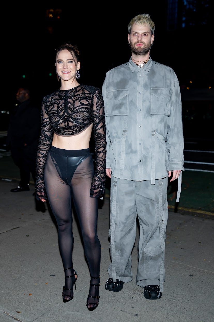 NEW YORK, NEW YORK - OCTOBER 15: Sophie Hawley-Weld and Tucker Halpern are seen in Meatpacking on Oc...