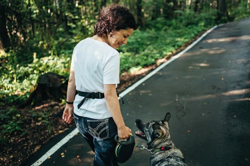 Woman walks her dog in the forest, active walk in the park