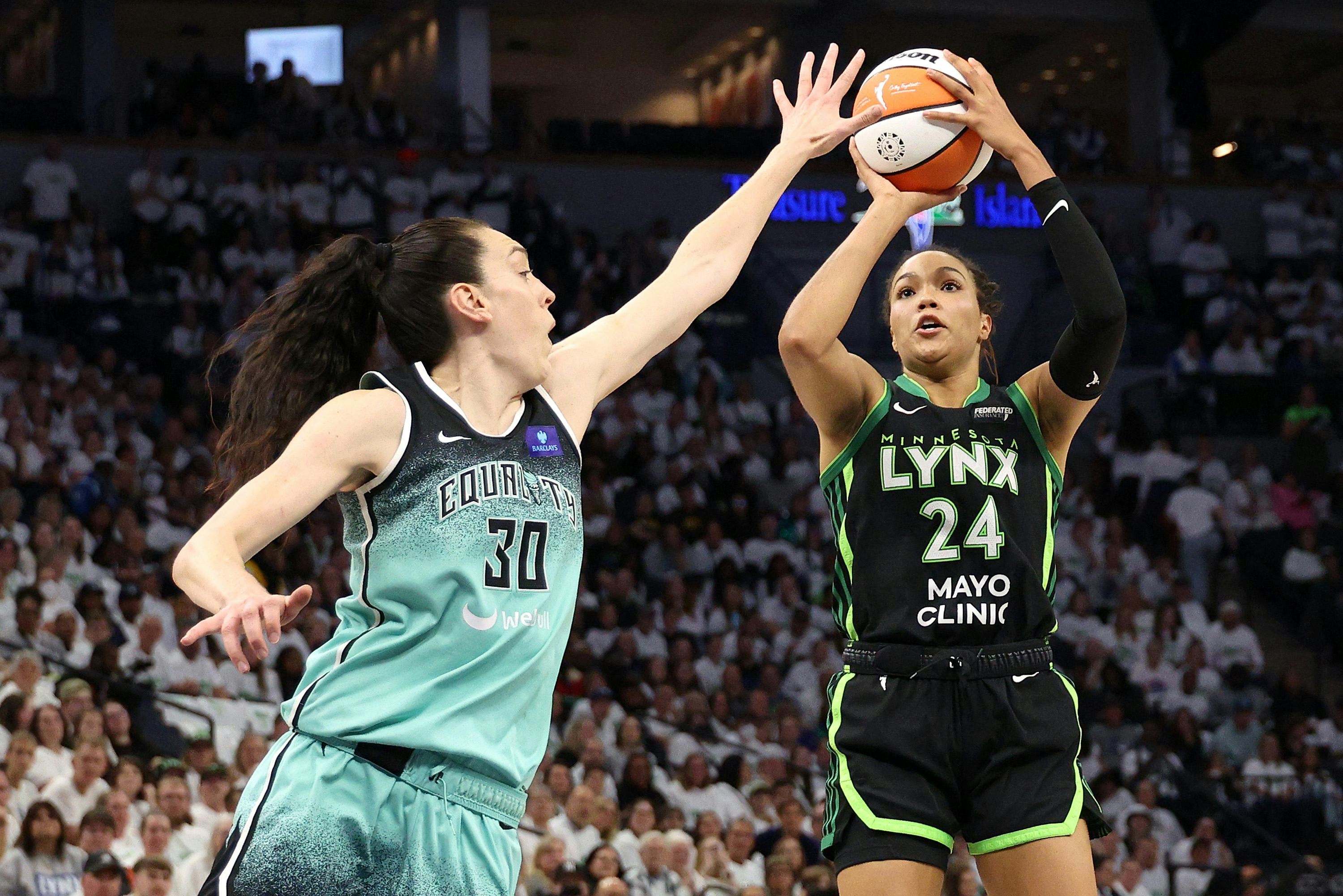 Napheesa Collier and Breanna Stewart, of the Minnesota Lynx and New York Liberty, respectively, dur&hellip;