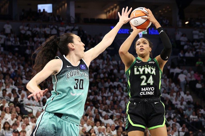 Napheesa Collier and Breanna Stewart, of the Minnesota Lynx and New York Liberty, respectively, dur…