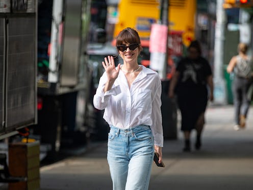 NEW YORK, NY - JUNE 06: Dakota Johnson is seen on movie set of the 'Materialists' on June 06, 2024 i...