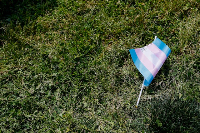 A transgender flag sits on the grass during the "Trans Youth Prom" outside of the U.S. Capitol build...