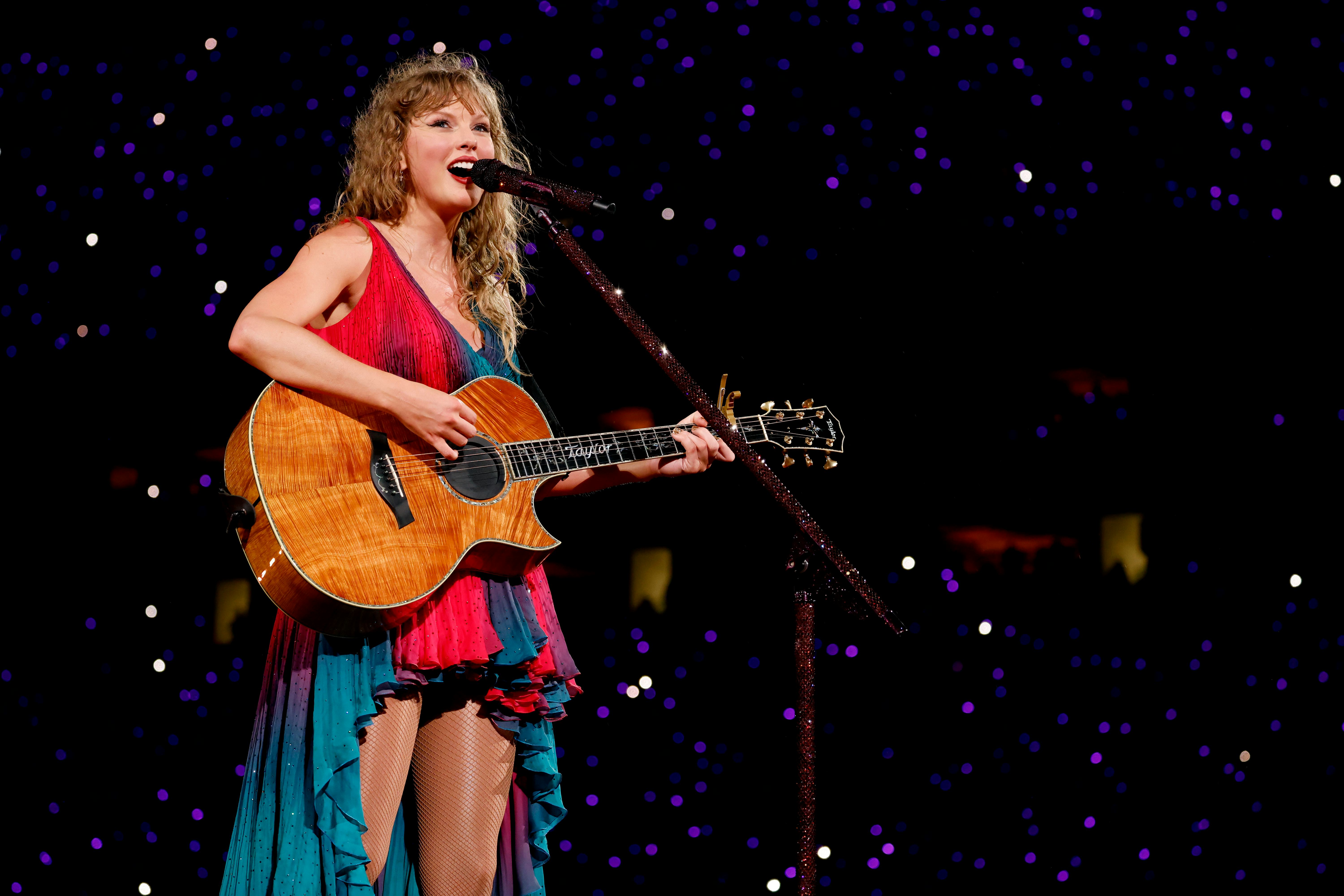 At the Eras Tour in Miami, Taylor Swift&rsquo;s dress for the &ldquo;secret songs&rdquo; portion was rainbow ombre.