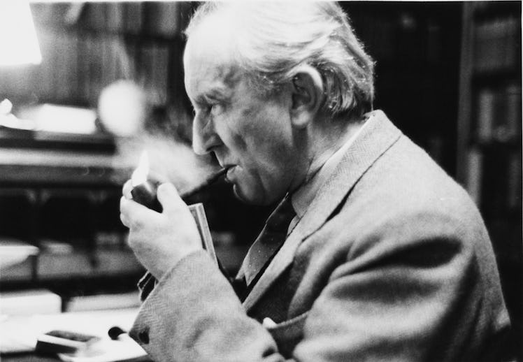 English writer J. R. R. Tolkien (John Ronald Reuel Tolkien, 1892 - 1973) in his study at Merton Coll...