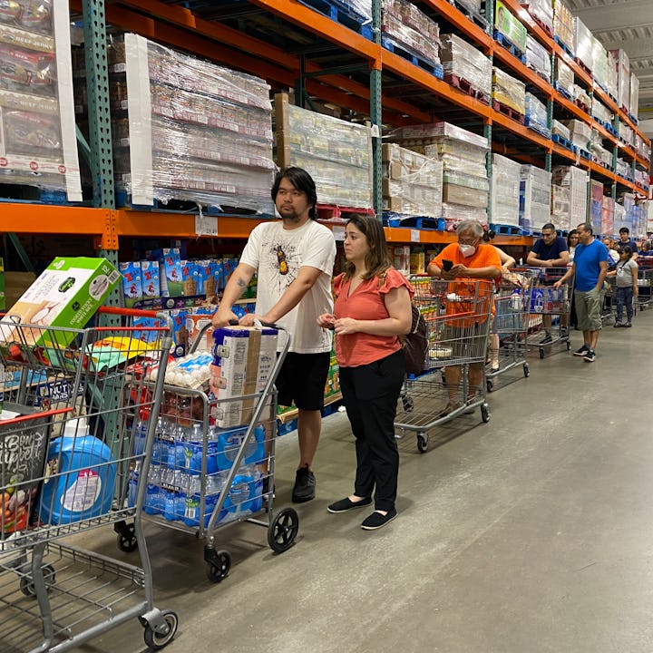 Customers in the Self Checkout lines at Costco, Queens, New York. (Photo by: Lindsey Nicholson/UCG/U...