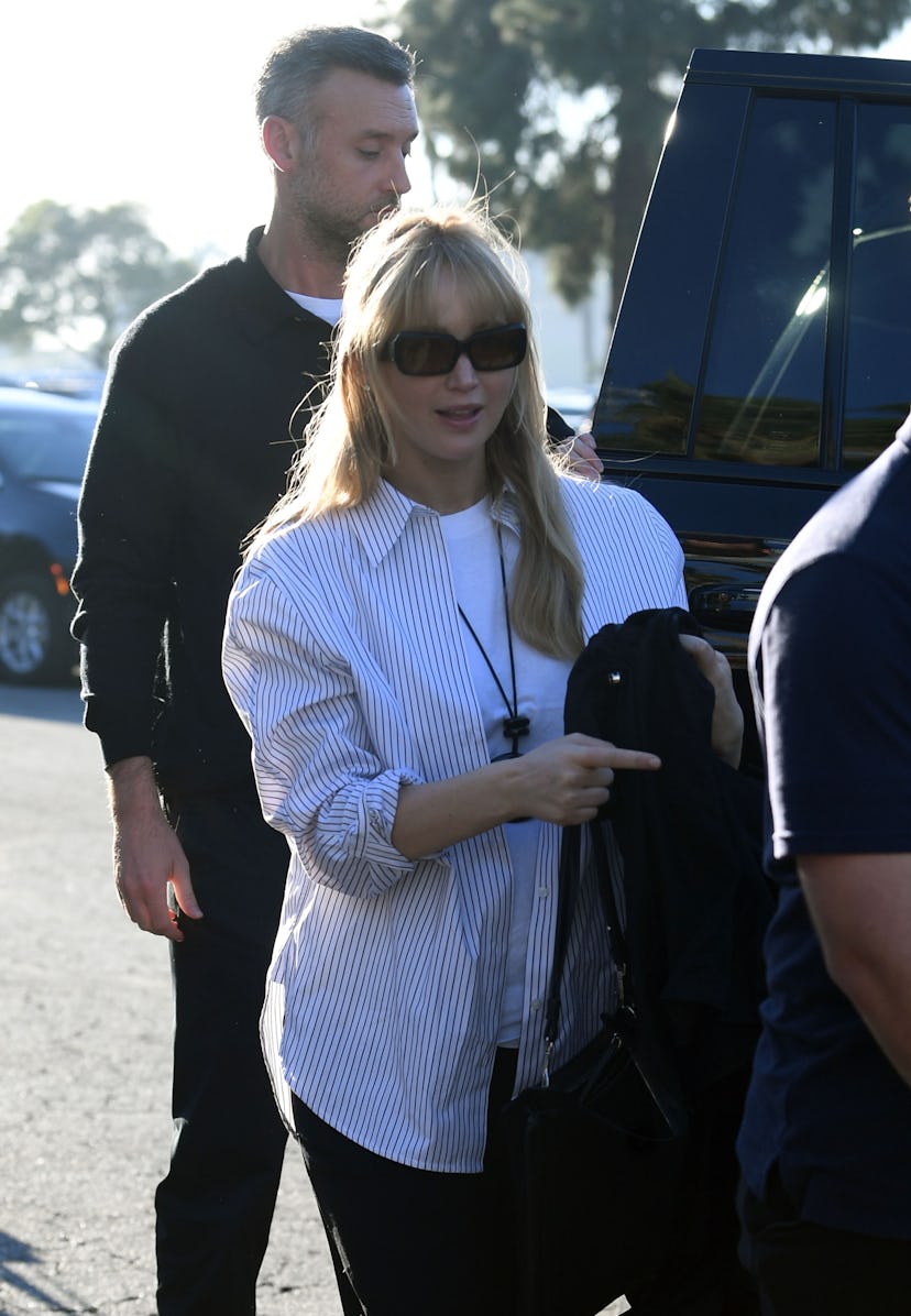 LOS ANGELES, CA - OCTOBER 25: Jennifer Lawrence is seen arriving at the World Series game between th...