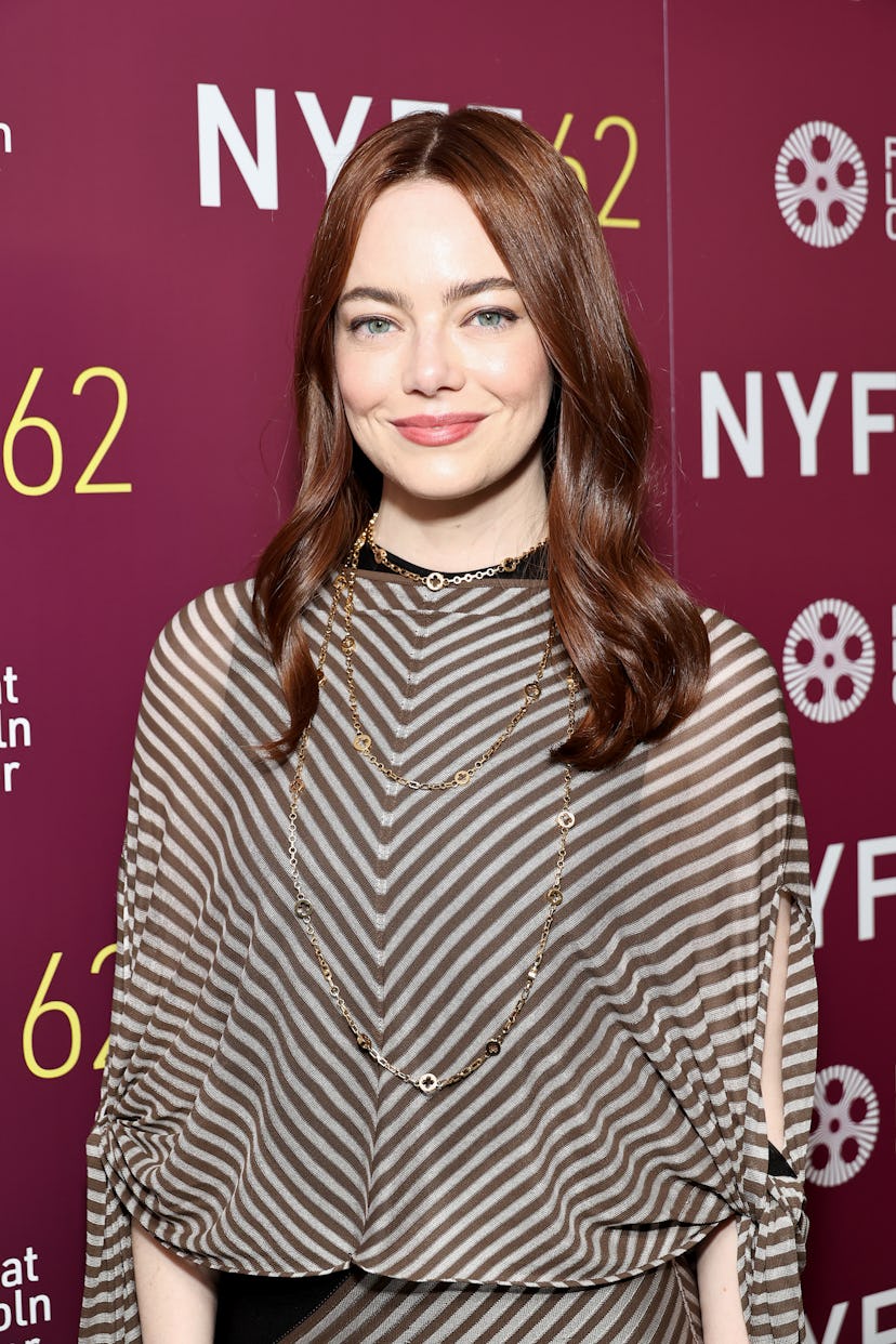 Emma Stone poses backstage during the screening of "A Real Pain" during the 62nd New York Film Fest...