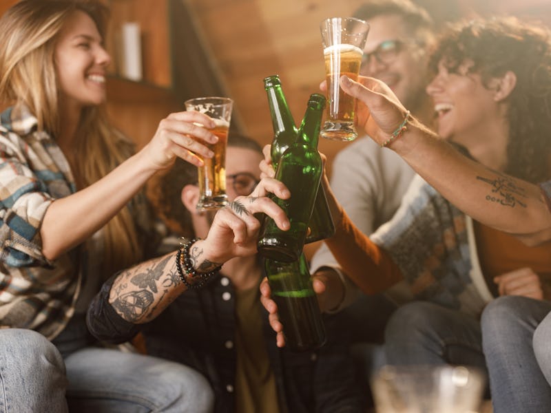 Close up of group of happy friends having fun while toasting with beer during social gathering at ho...