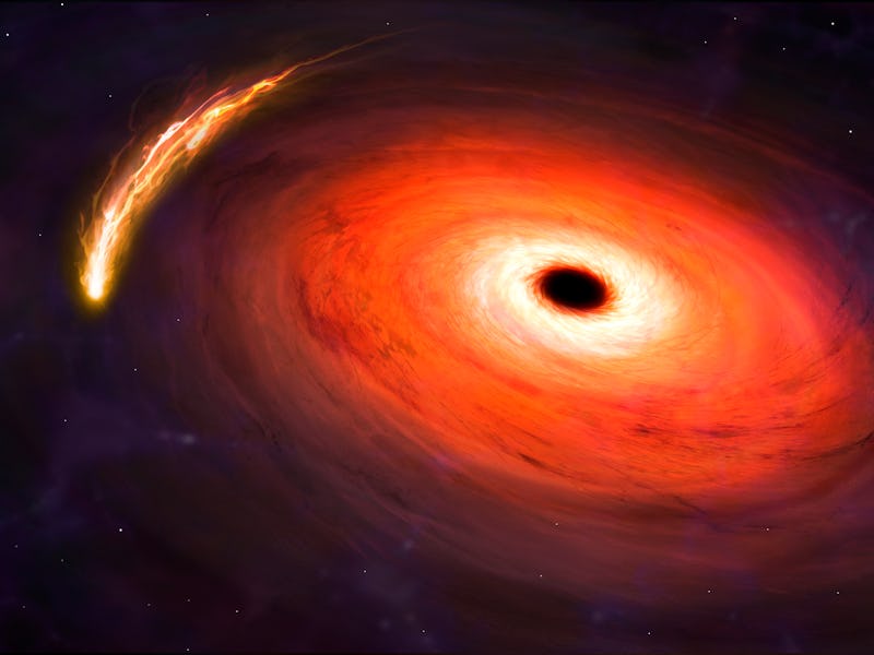 Black hole destroying star, illustration. A black hole is an object so compact (usually a collapsed ...