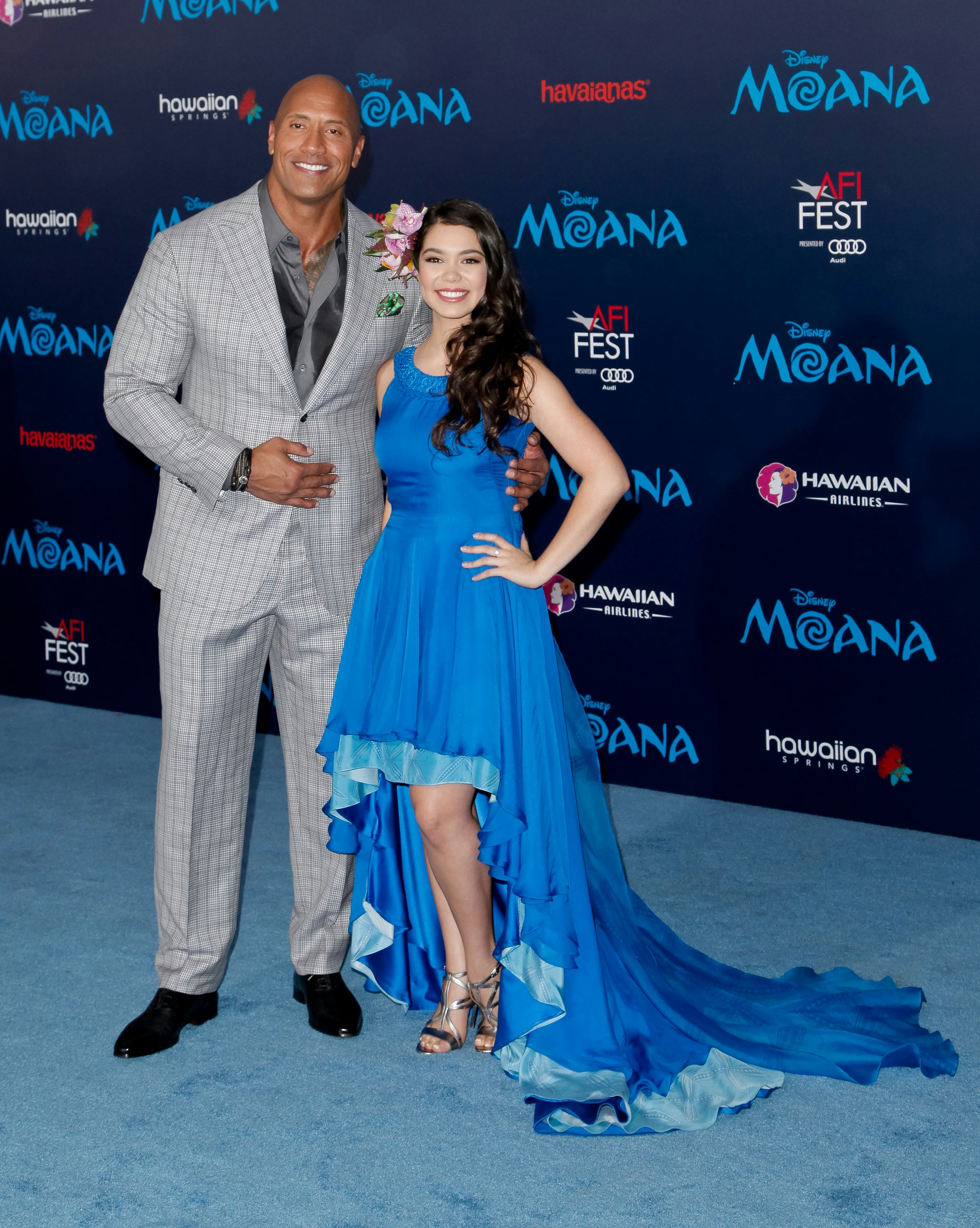 Dwayne Johnson and Auli&rsquo;i Cravalho at the premiere of Disney&rsquo;s &lsquo;Moana.'